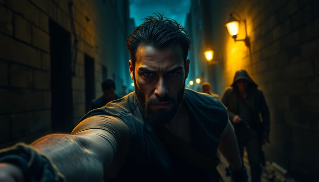 Protagonist in a tense urban scene referencing Similar to reacher series with dramatic lighting and shadows.