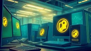 Visualizing dogecoin cloud mining with futuristic rigs and data analytics.