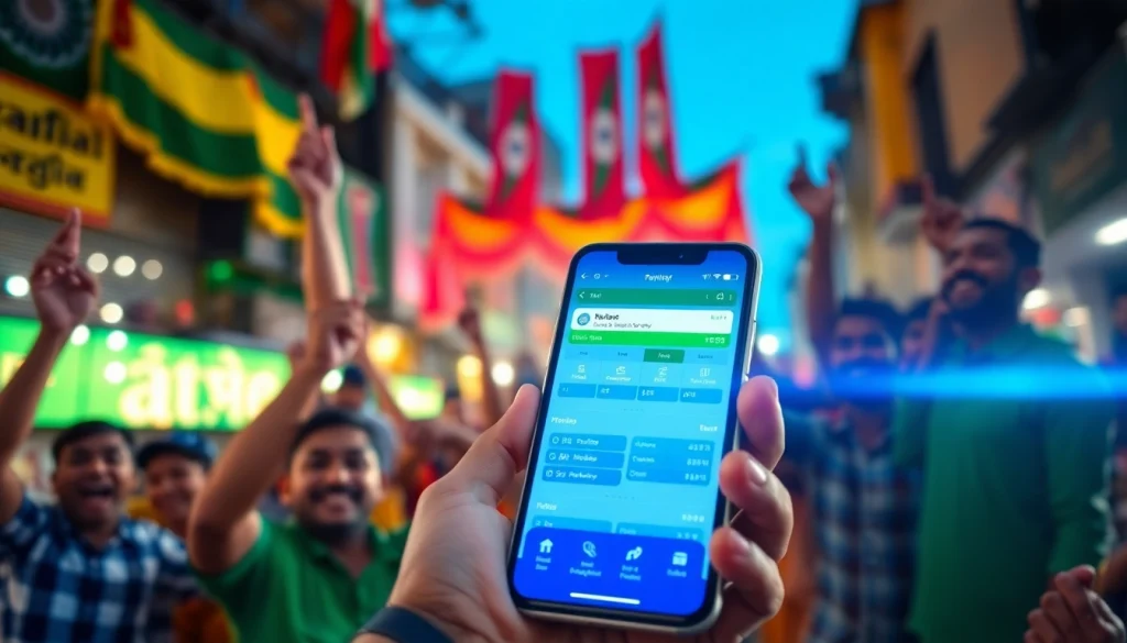 Engaging visual of sports betting in India featuring a smartphone app and excited sports fans.