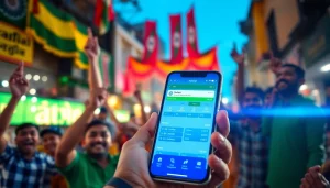 Engaging visual of sports betting in India featuring a smartphone app and excited sports fans.