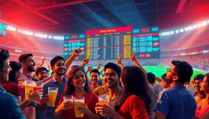 Exciting scene of sports betting in India with fans celebrating and displaying live odds.
