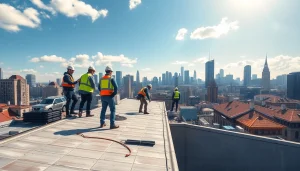 Workers conducting commercial roofing services on an urban building, showcasing teamwork and expertise.