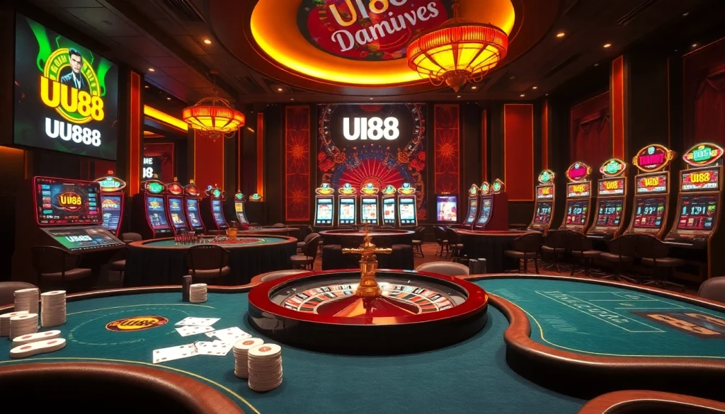 Engaging gambling scene featuring UU88 branding on casino tables and slot machines.