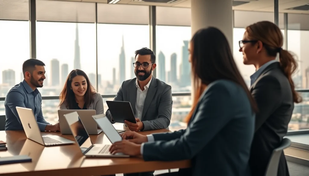 Engaging professionals as Business Consultants in Dubai collaborate in a modern office.