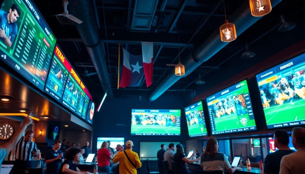 Betting experience at sportsbooks in Texas showcasing lively atmosphere and engaged fans.
