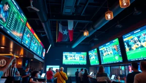 Betting experience at sportsbooks in Texas showcasing lively atmosphere and engaged fans.