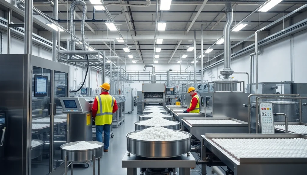 Visual of a usine d édulcorants with modern machinery and workers to highlight production.