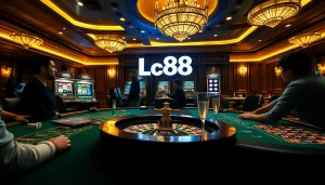 Experience thrilling gaming action at Lc88 casino featuring tables, chips, and players in a luxurious setting.