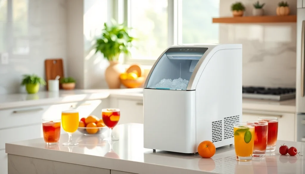 Showcasing an ice maker in a bright kitchen environment with colorful drinks and fresh fruits.