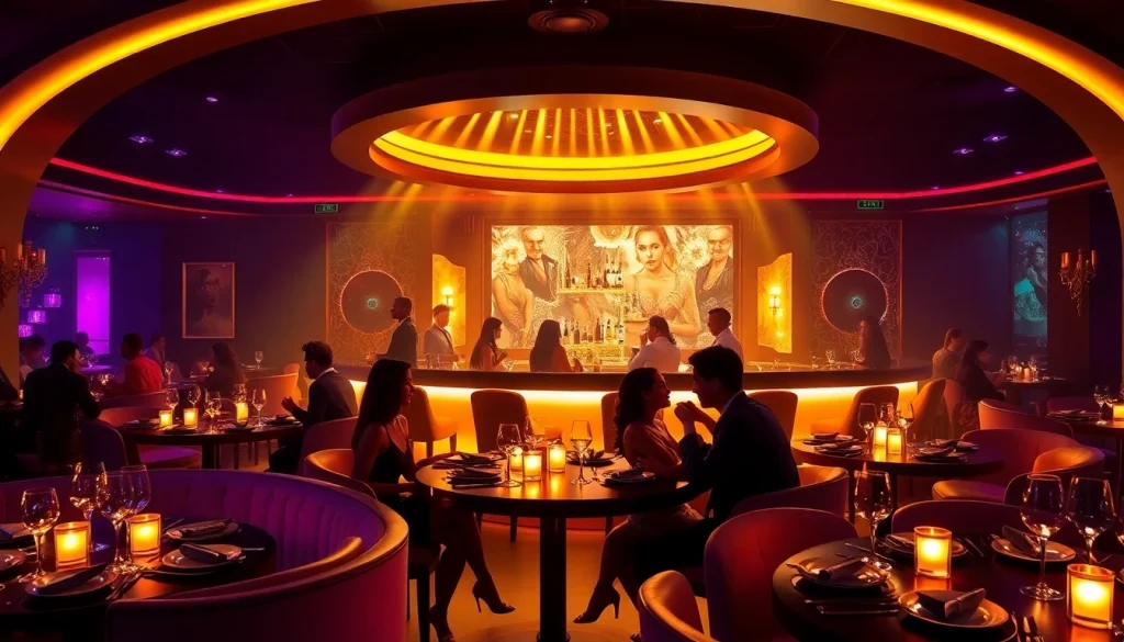 Dinner sxm ambiance at Club Noir, showcasing a lively bar scene with performers and elegant dining.