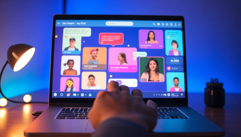 Interactive sex chat environment with vibrant avatars and chat bubbles.