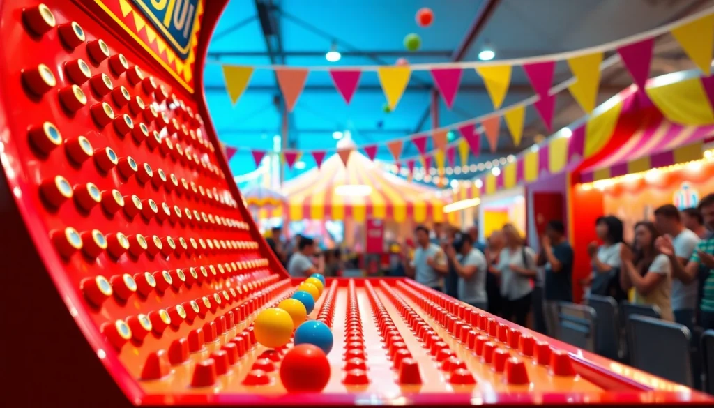 Permainan demo plinko yang menarik dengan bola berwarna jatuh dari papan.
