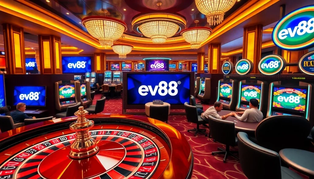 Experience the thrill of ev88 online gaming with vibrant slot machines and poker chips.