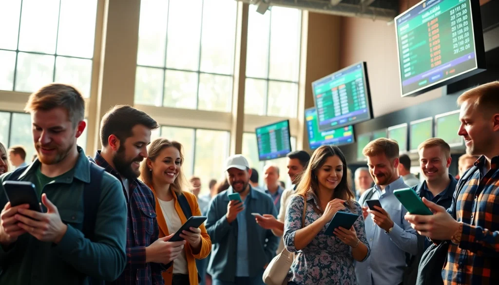 Engaged bettors in vibrant sportsbooks in South Carolina with lively screens displaying odds.