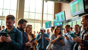 Engaged bettors in vibrant sportsbooks in South Carolina with lively screens displaying odds.