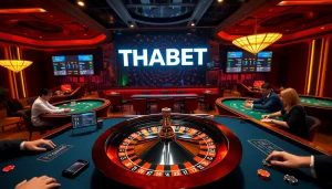 Players engage in strategic gameplay at a THABET casino, featuring roulette and poker tables.