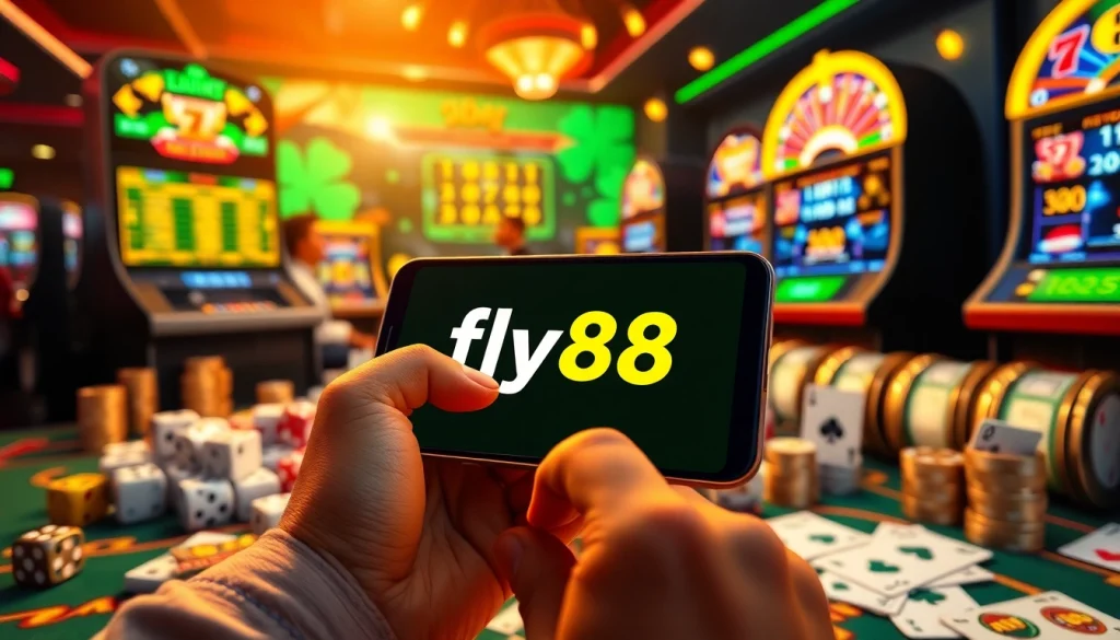 Exciting online gambling scene featuring a mobile device displaying the fly88 code alongside vibrant gaming elements.