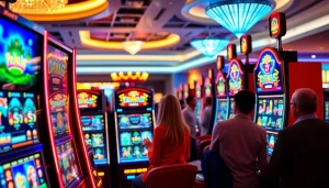 Slot depo pulsa, memperlihatkan mesin slot digital menarik dan suasana kasino yang hidup.