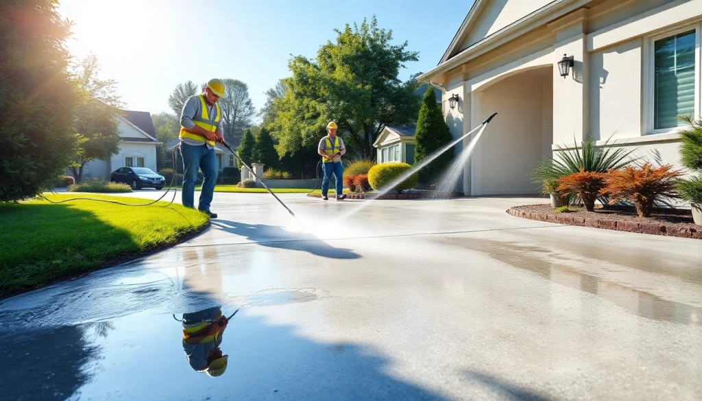 Expert team performing concrete cleaning, transforming a dirty driveway into a spotless surface.
