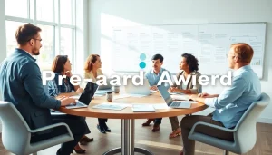 Illustration of professionals discussing pre and post award compliance strategies in a meeting room.