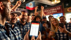 Sports enthusiasts cheering with a smartphone showcasing sportsbooks in California.