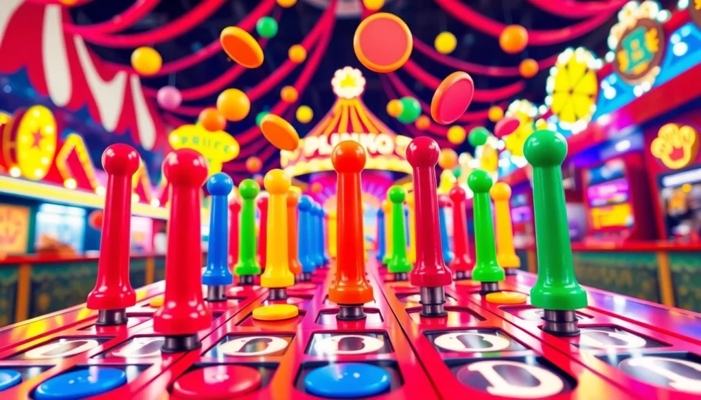 Jelajahi plinko demo dalam suasana carnaval yang ceria dengan peg pegs berwarna-warni.