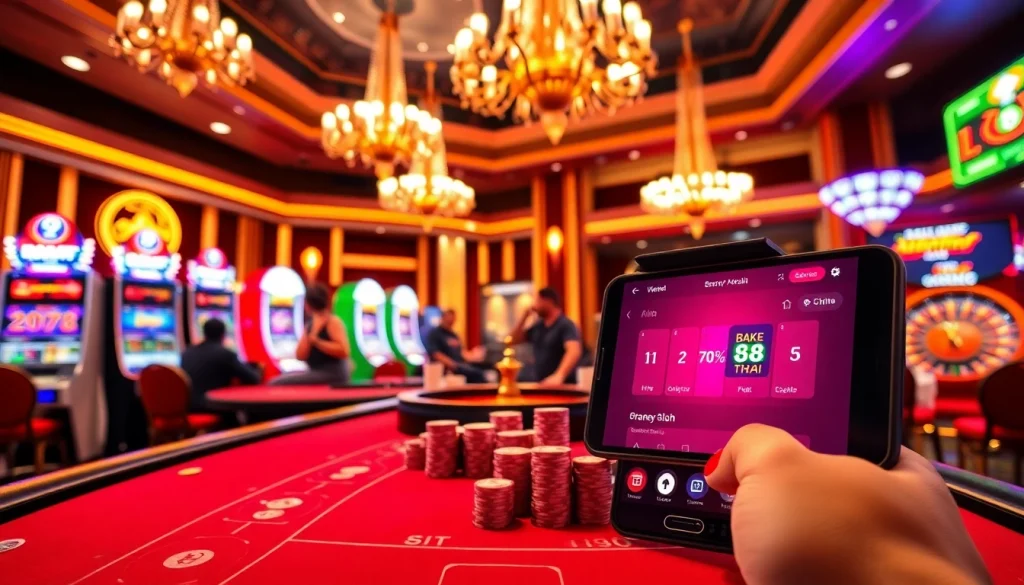 Players enjoying a game of baccarat at bk8thai online casino, surrounded by vibrant slot machines and luxury decor.
