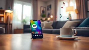 Experience the spotify mod apk on a smartphone in a cozy setting with music notes.