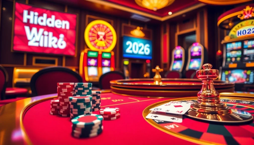 The hidden wiki 2026 showcases a dynamic casino scene with poker chips, cards, roulette, and slot machines.