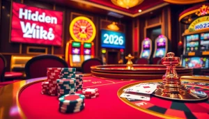 The hidden wiki 2026 showcases a dynamic casino scene with poker chips, cards, roulette, and slot machines.