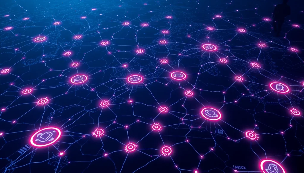 Explore the hidden wiki dark web through a stylized digital landscape featuring glowing .onion links and interconnected nodes.