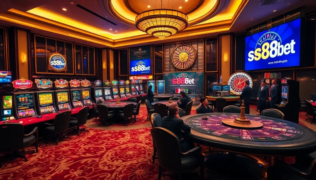 s88bet players enjoying an exciting game night at a luxurious casino with vibrant tables and slot machines
