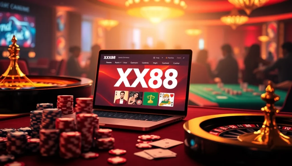 Experience thrilling online gambling at https://xx88.nl/ with vibrant casino elements like poker chips and playing cards.