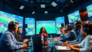 Sports Broadcasting commentators engaging energetically in a modern studio setting.