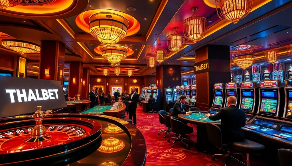 Players enjoying various games at THABET's luxurious casino, featuring poker tables and slot machines.