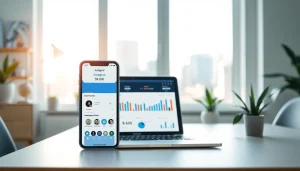 Instapro app interface displayed on a mobile device in a modern home office setting.