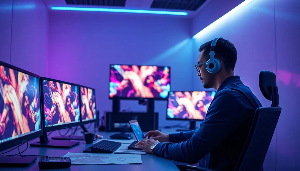 AI NSFW image creation in a modern digital studio, showcasing innovative design tools and vibrant artworks.