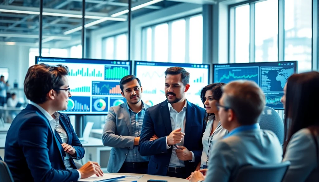 Teams analyzing Competitive intelligence strategies with data visuals in a modern office.