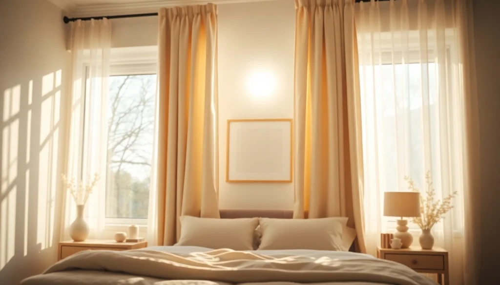 Creëer een serene sfeer met verduisterende gordijnen die licht blokkeren in een gezellige slaapkamer.