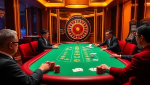 Engaged players at a luxurious poker table showcasing xin 88, with vibrant chips and a roulette wheel.