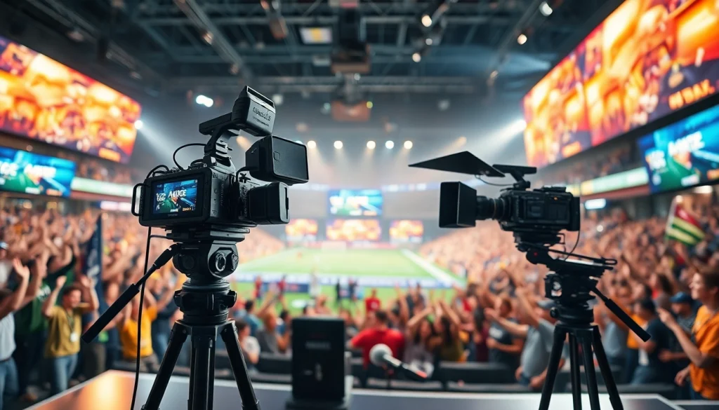 Captivating scene of Sports Broadcasting studio bustling with energy and technology.