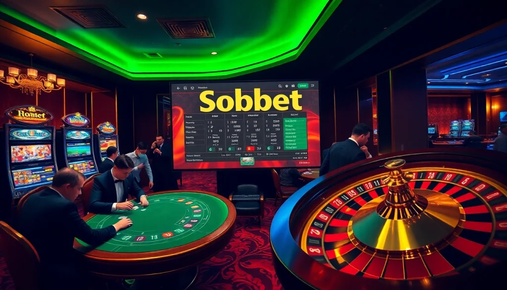 Experience thrilling Sbobet betting action at an elegant casino table with poker chips and screens.
