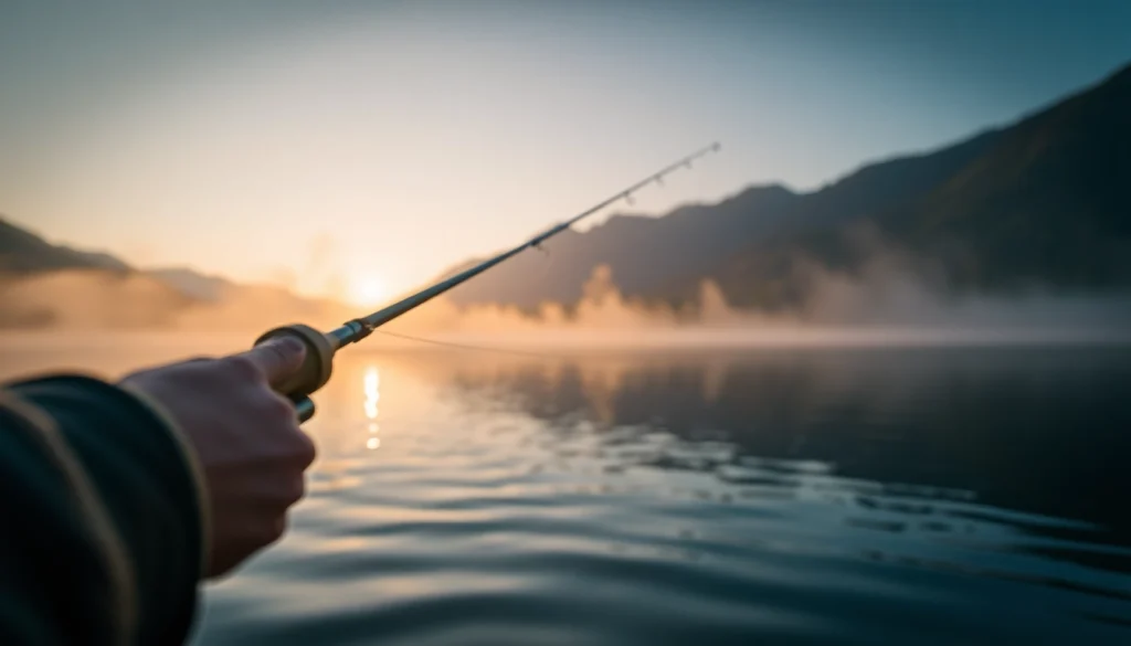 Angler casting a fly fishing line at dawn over a serene lake with mist and mountains.
