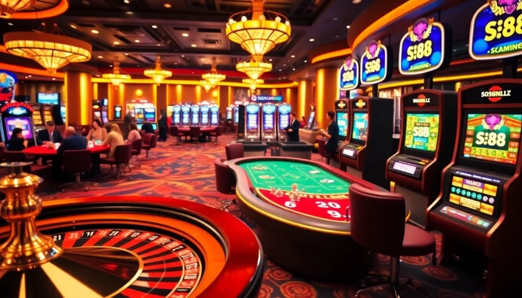 S88 players engaging in a thrilling casino experience with roulette and poker tables.
