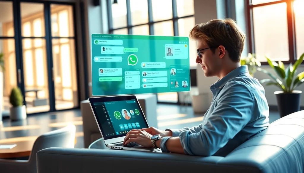 在现代办公室环境中使用 WhatsApp Web 的年轻专业人士，展示了快连VPN的功能。