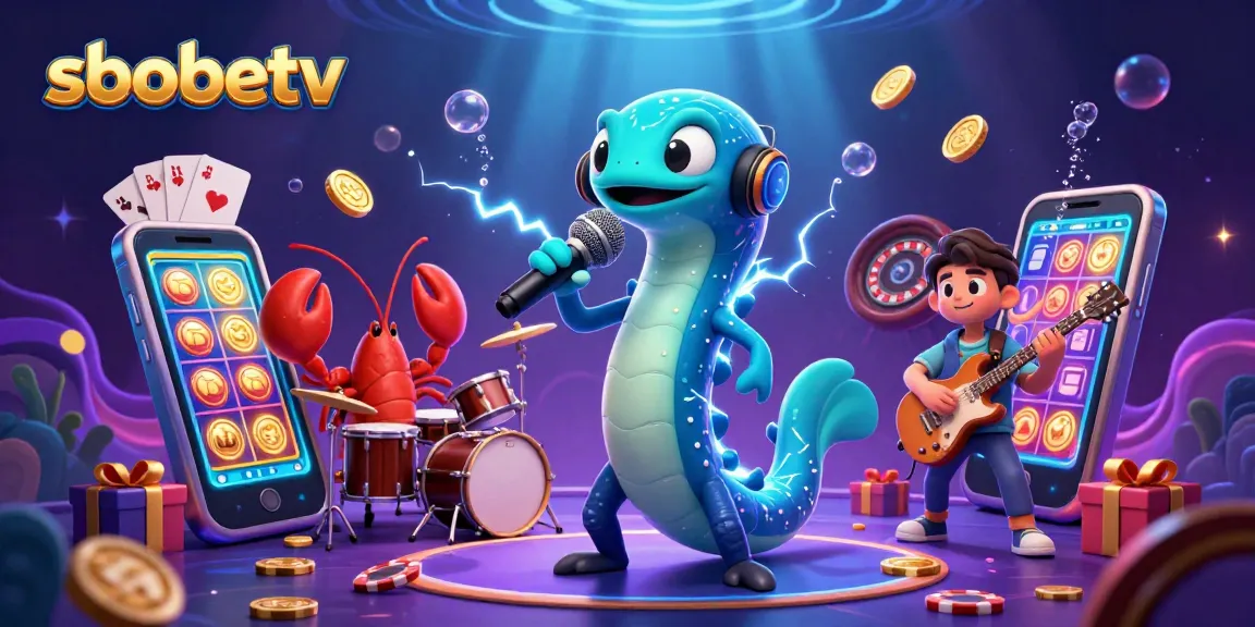 Experience sbobetv's electrifying underwater casino scene with vibrant characters, games, and golden coins.