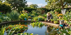 Vibrant marginal pond plants enhance a serene garden pond landscape featuring a gardener nurturing new plants.