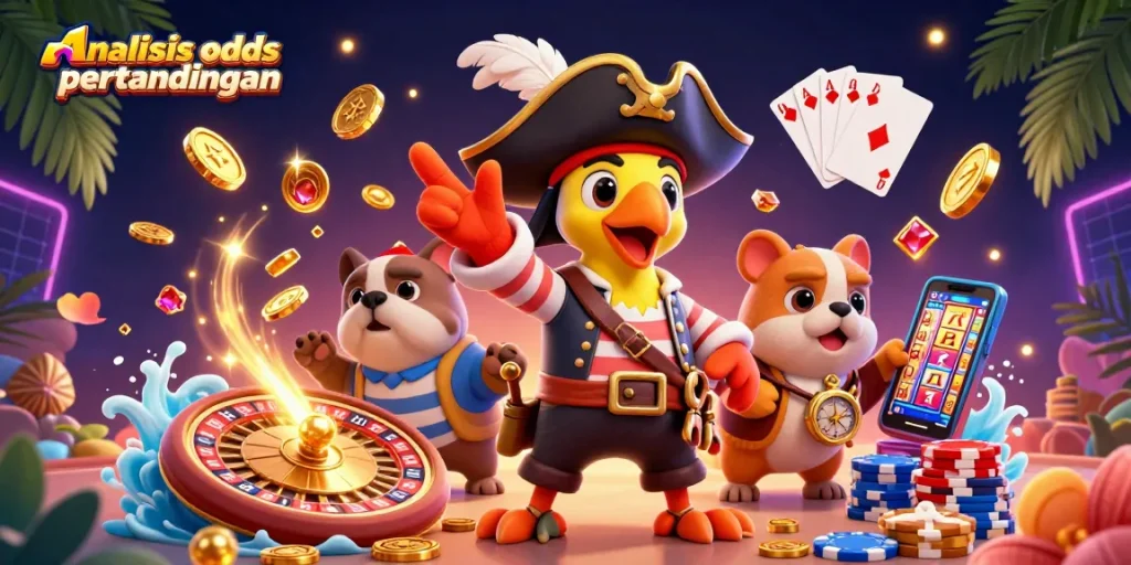 Experience the excitement of analisis odds pertandingan with vibrant pirate characters amidst dynamic casino elements.