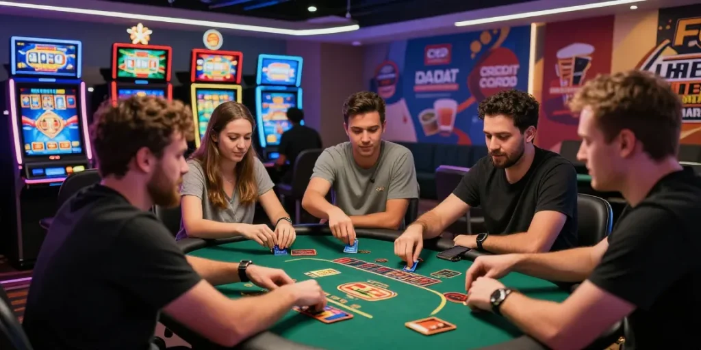 Engage in credit card casino excitement at ecpc.org.uk, showcasing players enjoying games in a vibrant gaming lounge.